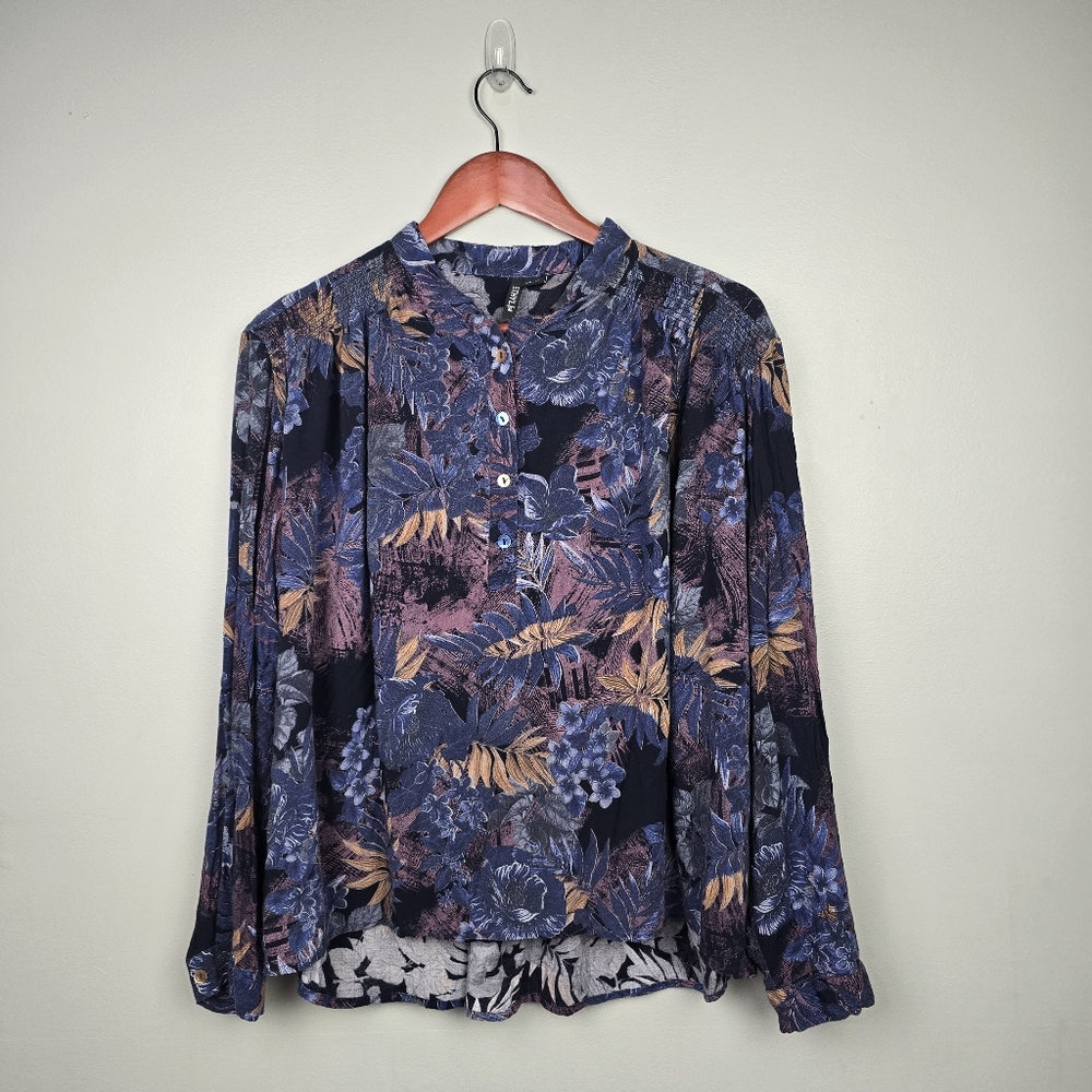 Ethyl Blouse Long Sleeve Top Floral Blue Brown Womens Size XL Fall Flowy Office